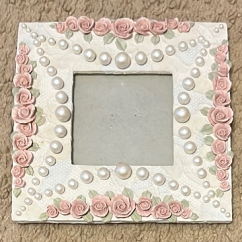 Decorative Frame with Pink Roses and Pearls